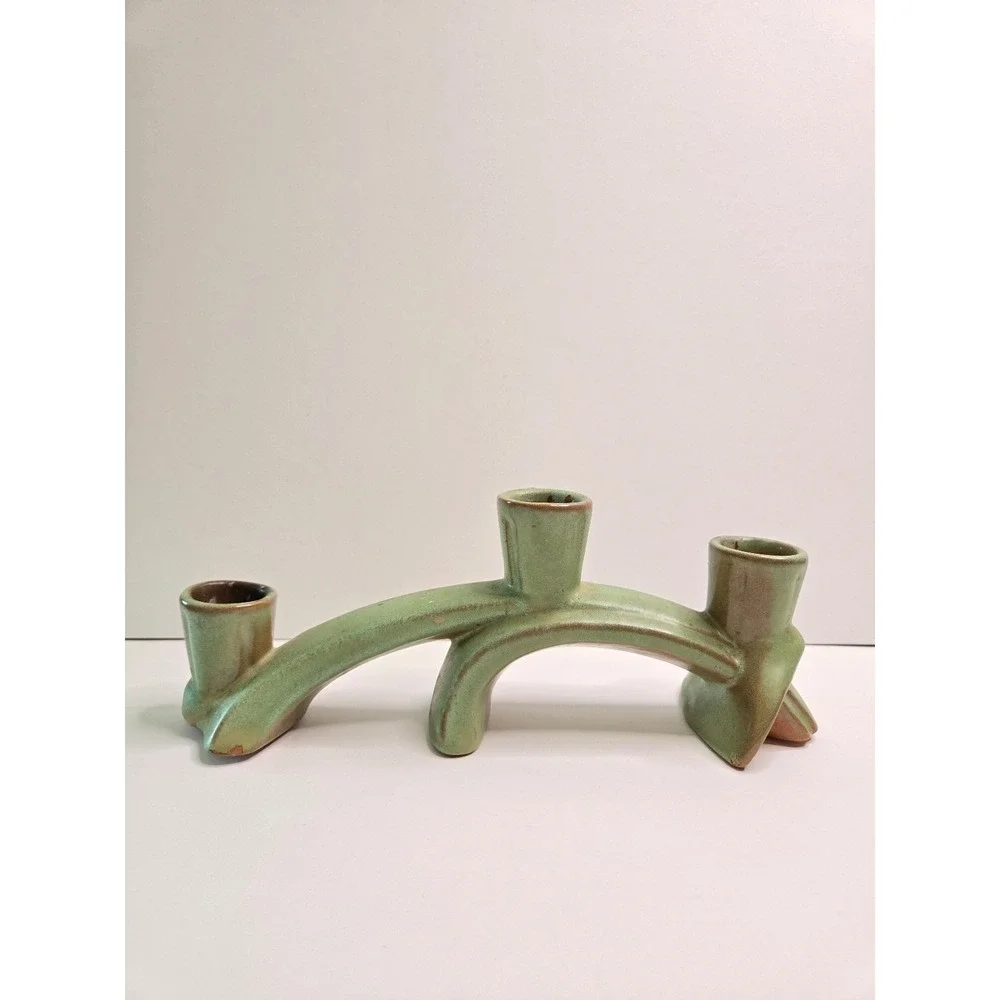 MCM Frankoma Lazy Bones Prarie Green Rare 3 Light Candleholder
